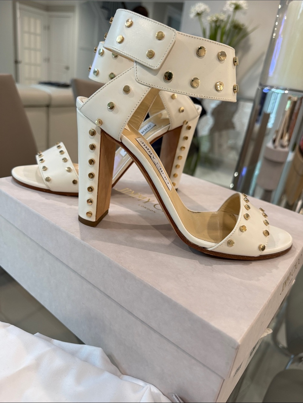 Jimmy Choo White Studded Block Heel Sandals with Ankle Cuff size 39
